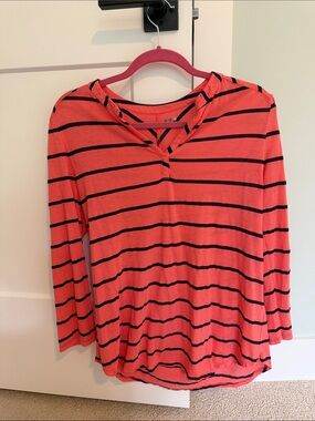 Three Dots Coral and Navy Striped Long-Sleeve V-Neck Top